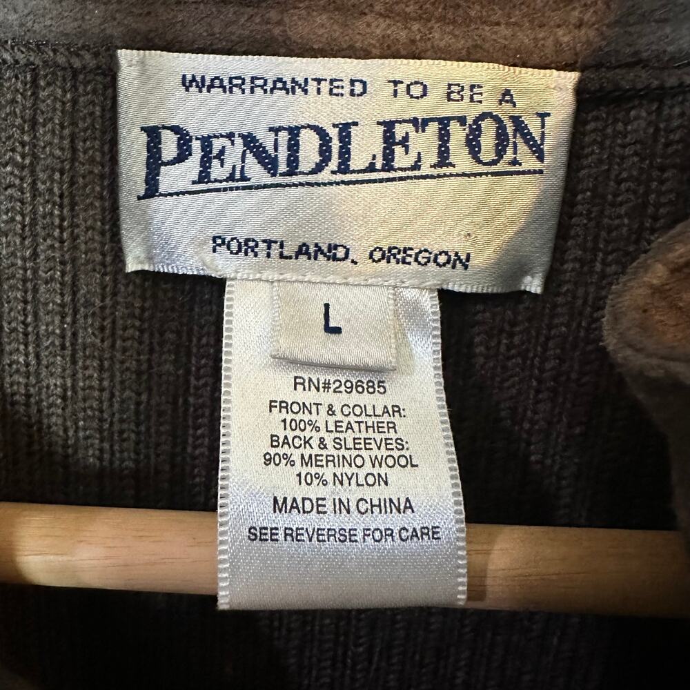 Pendleton Brown Leather & Merino Wool Jacket SZ LARGE Full Zip Knit Classic Coat - Picture 5 of 11